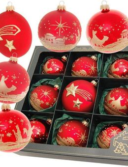 Krebs Glas Lauscha Weihnachtsbaumkugel Bethlehem Xmas Night, 8 Kugeln, 1 Taler mit Komet & Stern, 8 cm, Weihnachtsdeko, Christbaumschmuck, Christbaumkugeln aus Glas