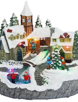 BONETTI LED Dekoobjekt Winterdorf mit beleuchtetem Bachlauf und drehendem Baum, LED fest integriert, RGB, Weihnachtsdeko