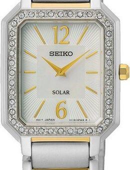 Seiko Solaruhr SUP466P1, Armbanduhr, Damenuhr, Perlmutt-Zifferblatt, Kristallsteine