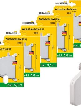 SCHELLENBERG Aufputz-Gurtwickler Aufschraubwickler für das Rollladensystem Mini, Gurtbreite 14 mm, Set, 5-tlg., schwenkbar, mit vormontiertem Rollladengurtband, braun oder weiß