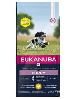 3 kg gratis! 18 kg Eukanuba Breed Huhn - Puppy Medium