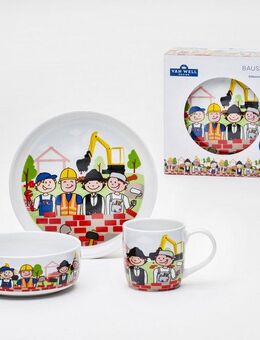 van Well Kindergeschirr-Set Kinderset Baustelle, 3-teilig, Geschirr-Set, Service (3-tlg), 1 Personen, Porzellan, mit farbenfrohem Dekor, spülmaschinen- und mikrowellengeeignet