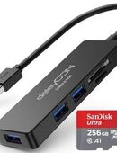 USB 3.0 Typ A, 3fach Hub USB 3.0 Typ A & DUAL Speicherkartenleser deleyCON, SD & MicroSD Laufwerke, SanDisk Ultra MicroSDXC 256GB mit einer Datenübertragung von bis zu 120MB/s, inklusive SD-Adapter in 90763