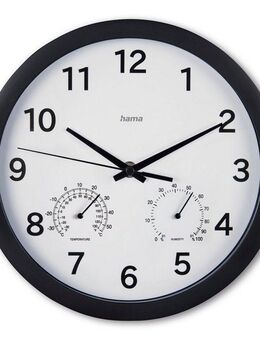 Hama Wanduhr Wanduhr "Malta", Ø 25 cm, ohne Ticken, Schwarz (geräuscharm, mit Thermo-/Hygrometer)