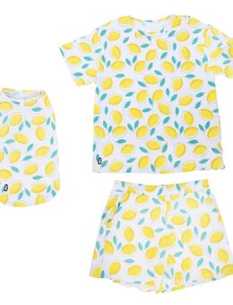 TIAKI Pet & Parent Pyjama im Partnerlook, Zitrone - Pyjama für Hundeeltern Größe S + passendes Hundeshirt Rückenlänge 45 cm