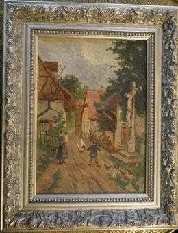 Ölgemälde auf Leinwand : Dorfstrasse in Hügelsheim . , M. Dietrich - Badischer Maler des frühen 20.Jh. , signiert und datiert 27 , Baden , Gemälde 30cm x 22cm mit Rahmen 41cm x 32cm, K329 - Görlitz