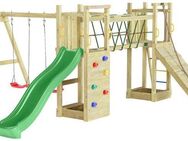 FUNGOO Spielturm Maxi Funny Exposure, Schaukel, Rutsche mit Wasseranschluss, Sandkasten, Brückenverbindung