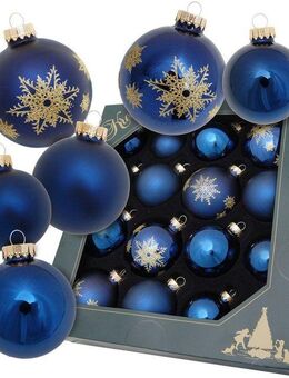 Krebs Glas Lauscha Weihnachtsbaumkugel "Blaue Nacht", mit Schneeflocken, Ø ca. 5 cm / 6 cm / 6,7 cm (16 St), Weihnachtsdeko, Christbaumschmuck, Christbaumkugeln aus Glas