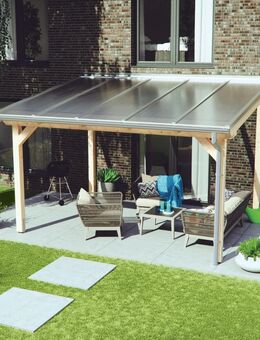 Terrassendachbausatz, freistehend, Leimholz komplett mit Dacheindeckung und Regerinne - Rheinberg