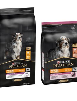 14 kg PURINA PRO PLAN Adult + 3 kg Extra-Packung gratis! - 14 kg Medium & Large 7+ Age Defence + 3 kg Medium & Large 7+ Sensitive Skin