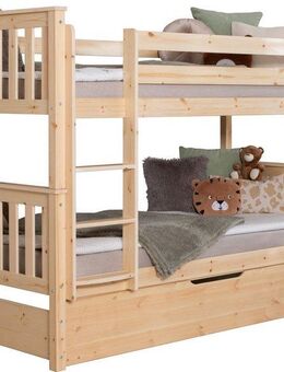 Ticaa Etagenbett Sammy, umbaubar zu 2 Einzelbetten, edles Design im Landhausstil (90x200cm), inklusive Schubkasten, 2x Rollrost, zertifiziertes Massivholz Kiefer
