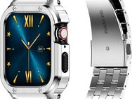 HASLFM Apple Watch Bänder kompatibel für iWatch Serie 9/8/7(45mm), Edelstahl Apple Watch Bänder mit Gehäuse, Metall iWatch Bänder und Schutzhülle für Männer Silber - Düsseldorf