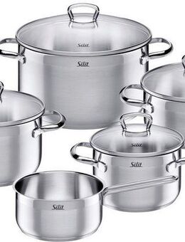 Silit Topf-Set Toskana, teilmattiert, Induktions Töpfe Set unbeschichtet, Edelstahl 18/10 (Set, 9-tlg., Bratentopf Ø 20 cm, Fleischtopf Ø 16/20/24 cm, Stielkasserolle Ø 16 cm), mit Glasdeckel, für alle Herdarten geeignet, ohne Innenskalierung