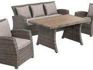 KONIFERA Gartenlounge-Set Siros, (Set, 12-tlg., 1x 3er Sofa, 2x Sessel, 1x Tisch 135x82x65cm, inkl. Auflagen), Polyrattan, Stahl, Tischplatte aus Nonwood, geeignet für 5 Personen