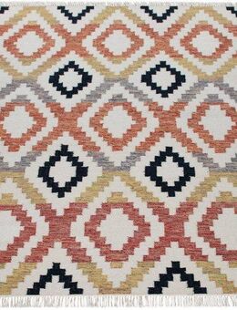 Paco Home Wollteppich Kenitra 501, rechteckig, Höhe: 12 mm, Flachgewebe, reine Wolle, handgewebt, Rauten Design, mit Fransen