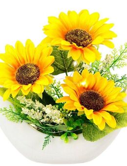Kunstblume Arrangement Sonnenblumen, I.GE.A., Höhe 26 cm, Mit LED-Licht in Schale Herbstliche Blumen Kunstpflanze Gesteck Deko