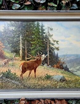 Vintage gerahmter Kunstdruck "Hirsch am Morgen" von E. Krüger - Niederfischbach