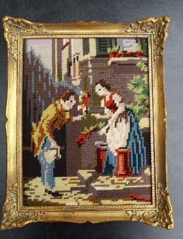 Gobelin Stickbild Spitzweg "Der ewige Hochzeiter", Handarbeit, hochwertig gerahmt, Vintage Deko, 10,- - Flensburg