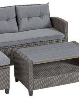 KONIFERA Gartenlounge-Set Cordoba, (Set, 11-tlg., 2x Bank, 1x Sessel, 1x Tisch 90x55x43cm, inkl. Auflagen), Polyratten, Stahl, Tischplatte aus Nonwood, geeignet für 4 Personen