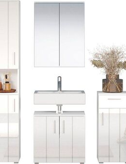 welltime Badezimmer-Set Prag, (Set, 4-St), Komplettset bestehend aus: Hochschrank, Spiegelschrank, Standschrank
