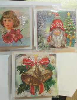 3 Stück Diamond-Painting-Grußkarten, Wichtel mit Geschenk, zwei Glocken, Nostalgischer Engel. 16cm x 16cm, - Gefell (Thüringen)