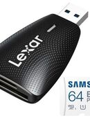 Speicherkartenleser Lexar Dual, MicroSD & SD Laufwerke, USB 3.0 Typ A, Samsung EVOPlus MicroSDXC 64GB mit einer Datenübertragung von bis zu 130MB/s, inklusive SD-Adapter in 90763