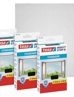 tesa Insektenschutz-Fensterrahmen Insect Stop Standard Fliegengitter für Fenster - 1.1 m :1.3 m, (Packung, 3-St., Fliegennetz, Klettband), Insektenschutzgitter -Fliegenetz ohne Bohren-zuschneidbar