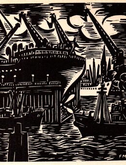 Alte Grafik , Hamburger Hafen , von Frans Masereel , Blatt 20cm x 17cm , Abbildung 13cm x 11cm , in der Platte Künstlermonogramm FM , M7 - Görlitz