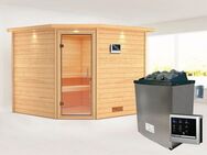 Karibu Sauna "Leona" mit Klarglastür und Kranz Ofen 9 KW externe Strg modern, BxTxH: 259 x 245 x 202 cm, 38 mm, aus hochwertiger nordischer Fichte