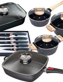 KING Topf-Set Square, Aluminiumguss (Set, 9-tlg., Stielkasserolle 18 cm, Kochtopf 20/24 cm, Bräter, Viereckpfanne 28 cm), Induktion