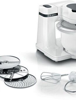BOSCH Küchenmaschine Serie 2 MUM2SAW01, Kunststoffschüssel, Durchlaufschnitzler, 700 W, 3,8 l Schüssel, Durchlaufschnitzler, 3 Reibescheiben, Patisserieset Edelstahl