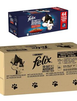 Jumbopack Felix + 44 x 85 g Pouches gratis! - 120 x 85 g "So gut wie es aussieht" Fisch Mix I + 44 x 85 g Huhn, Rind, Ente, Lamm