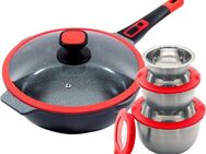 KING Bratpfanne Click-Grip, Aluminiumguss (Set, 8-tlg., 3 Schüsseln Ø17.5 Ø14.5cm Ø12cm mit Deckeln, 1 Pfanne Ø28cm mit Deckel), Induktion, mit Glasdeckel, abnehmbarer Pfannengriff, 28 cm