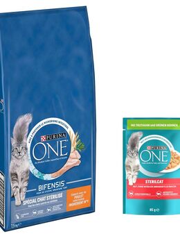 7,5 kg Purina ONE Sterilized + 26 x 85 g SterilCat Truthahn & grüne Bohnen Nassfutter gratis! - Huhn