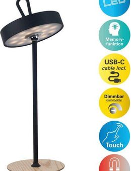 my home LED Tischleuchte Charmont mit Holzfuß, abnehmbares Kopfteil als Hängeleuchte verwendbar, Dimmfunktion, LED fest integriert, Warmweiß, aufladbar, inkl Akku + USB Kabel, Kopfteil magnetisch, abnehmbar, Holz