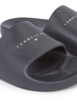 Tommy Jeans TJW PRINTED PU POOL SLIDE Pantolette, Plateau, Sommerschuh, Schlappen mit Logoschriftzug, in schmaler Form