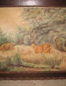 Gemälde Gouache auf Papier, Rehwild, Jagd, geschnitzter Holzrahmen. in 52072