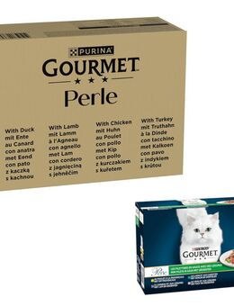 96 x 85 g Jumbopack Gourmet + 24 x 85 g passendes Nassfutter gratis! - 96 x 85 g Perle: Ente, Lamm, Huhn, Truthahn in Sauce + 24 x 85 g Perle Gemischte Auswahl: Erlesene Streifen mit Gemüse