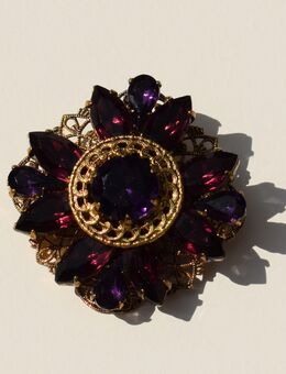 Vintage Gold-color Brooch with Purple Rhinestones - Dresden