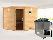 Karibu Sauna "Leona" mit Kranz und graphitfarbener Tür Ofen 9 KW externe Strg, BxTxH: 259 x 245 x 202 cm, 38 mm, aus hochwertiger nordischer Fichte