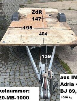 Plattformanhänger 1000kg ca 404 x 195 (plus Deichsel 139) mit Brief, Alko, ZdR 147, ideal für TINY House, Quad- Zweirad-Maschinentransporter gebr. (IMV Adria 2 440 BJ 89) - Schotten Zentrum