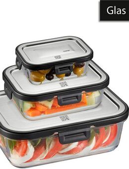 GEFU Frischhaltedose MILO, Borosilikatglas, Edelstahl, Kunststoff, (Set, 6-tlg., 3 Frischhaltegläser, 3 Deckel), rechteckig, platzsparend, auslaufsicher