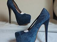 Gr. 37, sexy High Heels Plateau Pumps, Jeans dunkelblau, GLITZER - Bruchköbel