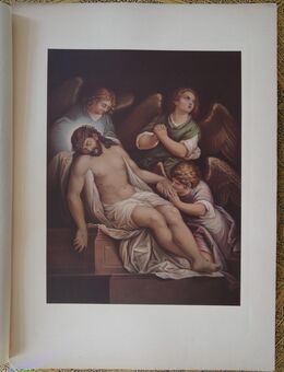 Jesus im Grab mit Engeln , Chromolithographie um 1900 , Abbildung 27cm x 21cm , Religion - Görlitz