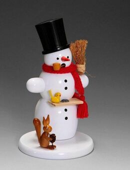 Albin Preissler Räuchermännchen Schneemann mit Eichhörnchen, Handwerkskunst aus dem Erzgebirge, Weihnachtsdeko aus Buchenholz