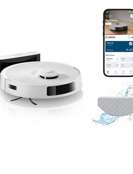 BOSCH Saugroboter Spotless BCRC1W, Saugroboter mit Wischfunktion, 11.000 Pa Saugkraft, 60 W, beutellos, Ladestation, einfache Navigation mit Infrarot-Licht, Carbon Bürste