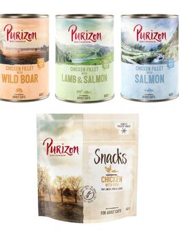 Purizon Kombi-Paket: Adult Nassfutter + Snack - 24 x 400 g Mixpaket (8 x Wildschwein, 8 x Lachs, 8 x Lamm) + 3 x 40 g Huhn mit Fisch
