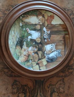 Sammelteller ABENTEUER AUF SAMTPFOTEN von 1991, sechs Teller jeweils mit robuster Wandhalterung aus Holz, orig. Seltmann Weiden - Brackenheim