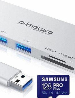 Dual Speicherkartenleser - SD & MicroSD Laufwerke - USB 3.0 Typ A, 3fach Hub - 3x USB 3.0 Typ A, Samsung ProPlus - MicroSDXC 128GB mit einer Datenübertragung von bis zu 160MB/s - Fürth