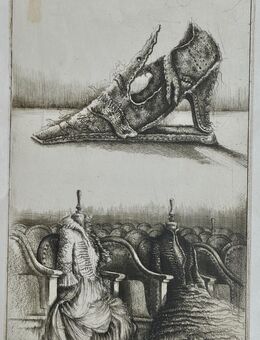 Signierte Radierung Rolf Escher 1984 "Rokoko Schuh" mit Widmung - Köln